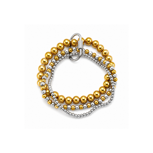 Two-Tone Beaded Set of 3 Bracelets with Silver Buckle
