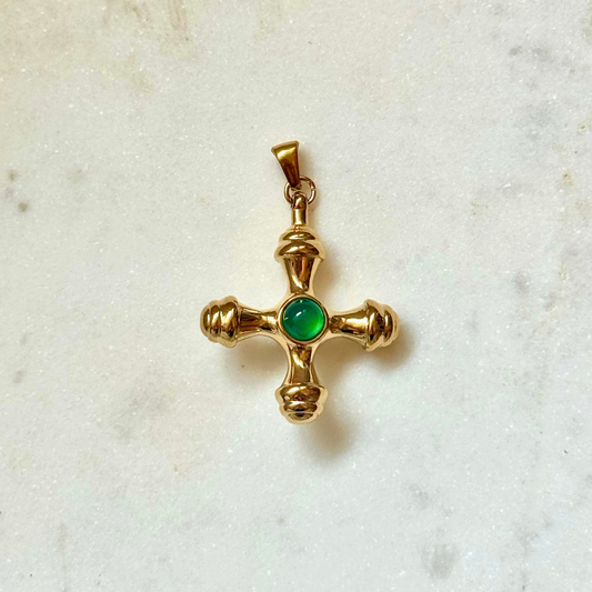 Green Stone Cross Charm