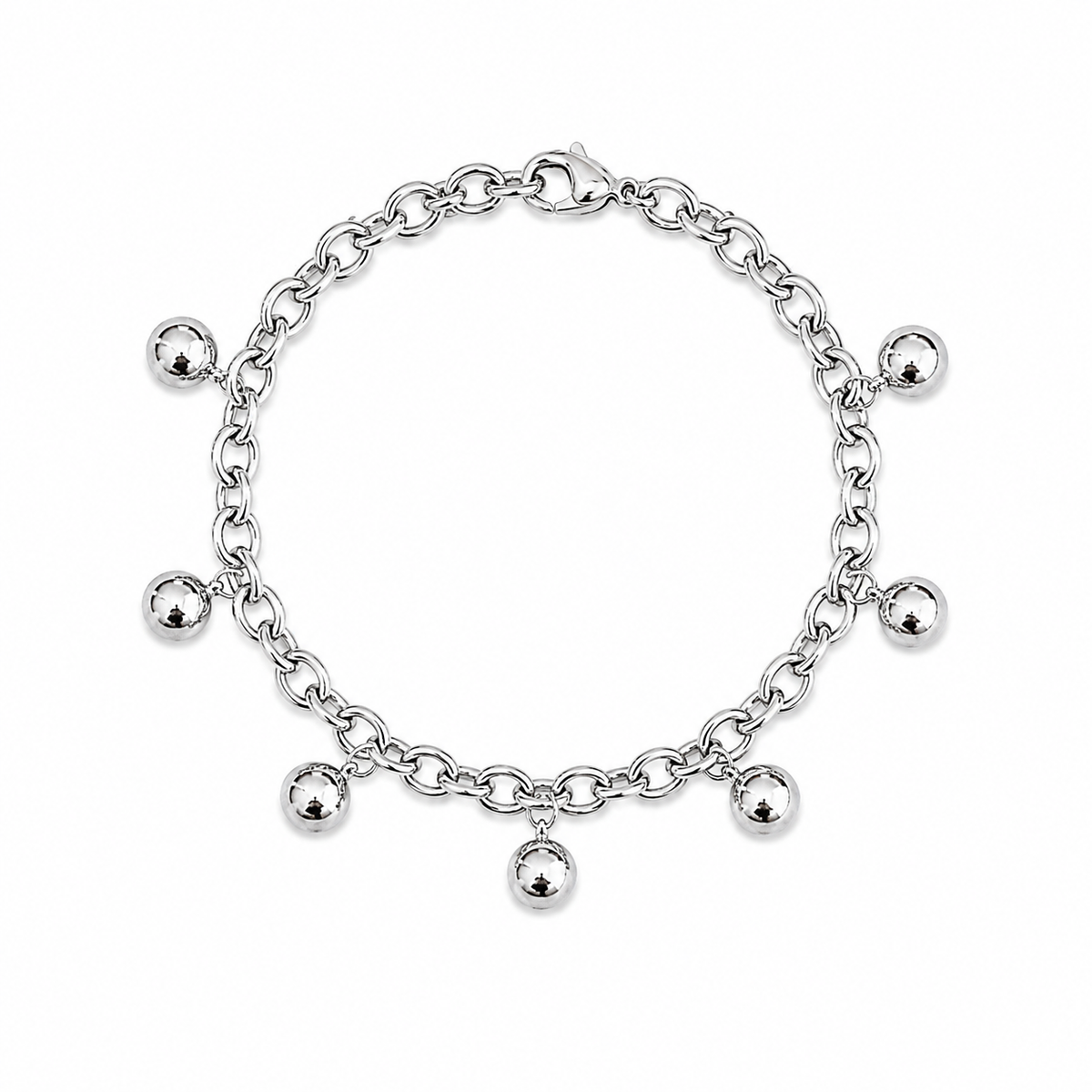 A silver chain bracelet with eight dangling polished ball charms, displayed on a clean white background.