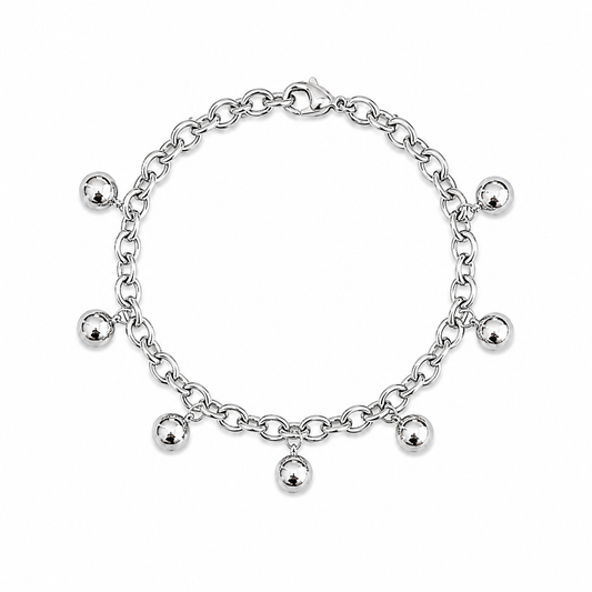 A silver chain bracelet with eight dangling polished ball charms, displayed on a clean white background.