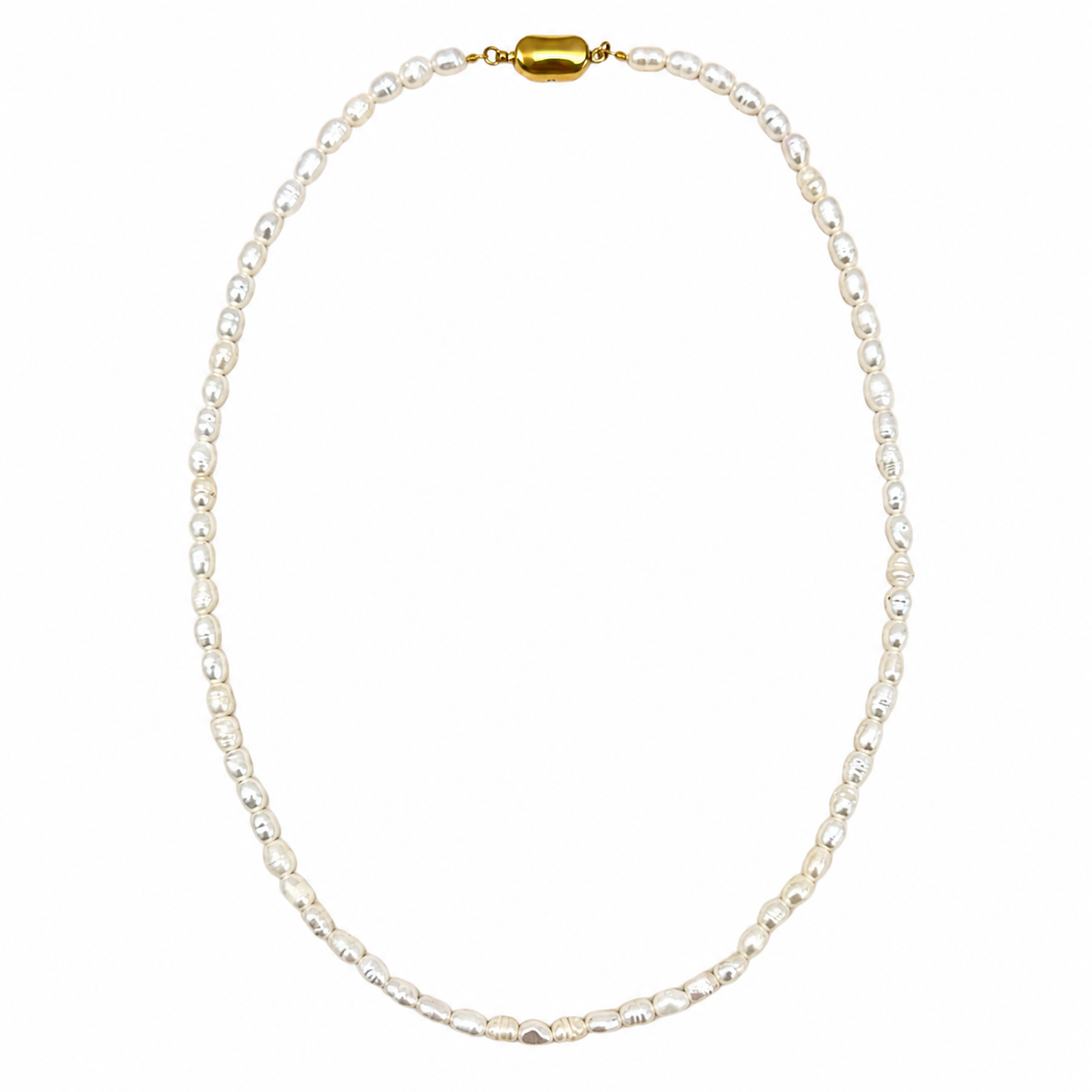 Pearl necklace with a gold clasp on a white background