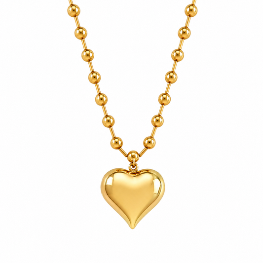 Gold Bead and Puff Heart Necklace