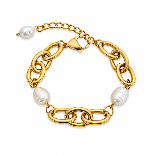 Gold Oval Link Bracelet with Baroque Pearls