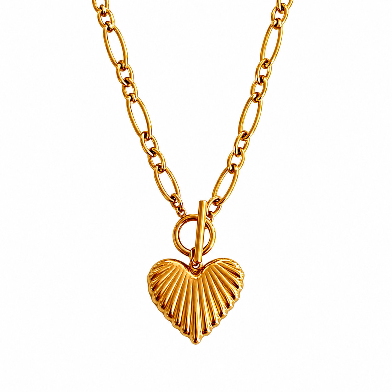 Gold Chain with Gold Ribbed Heart Charm Necklace