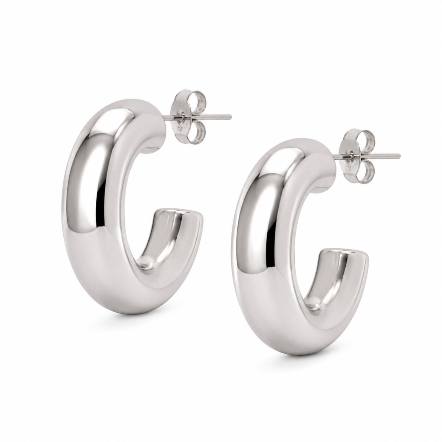 A pair of polished silver hoop earrings with post-back closures, shown on a clean white background.