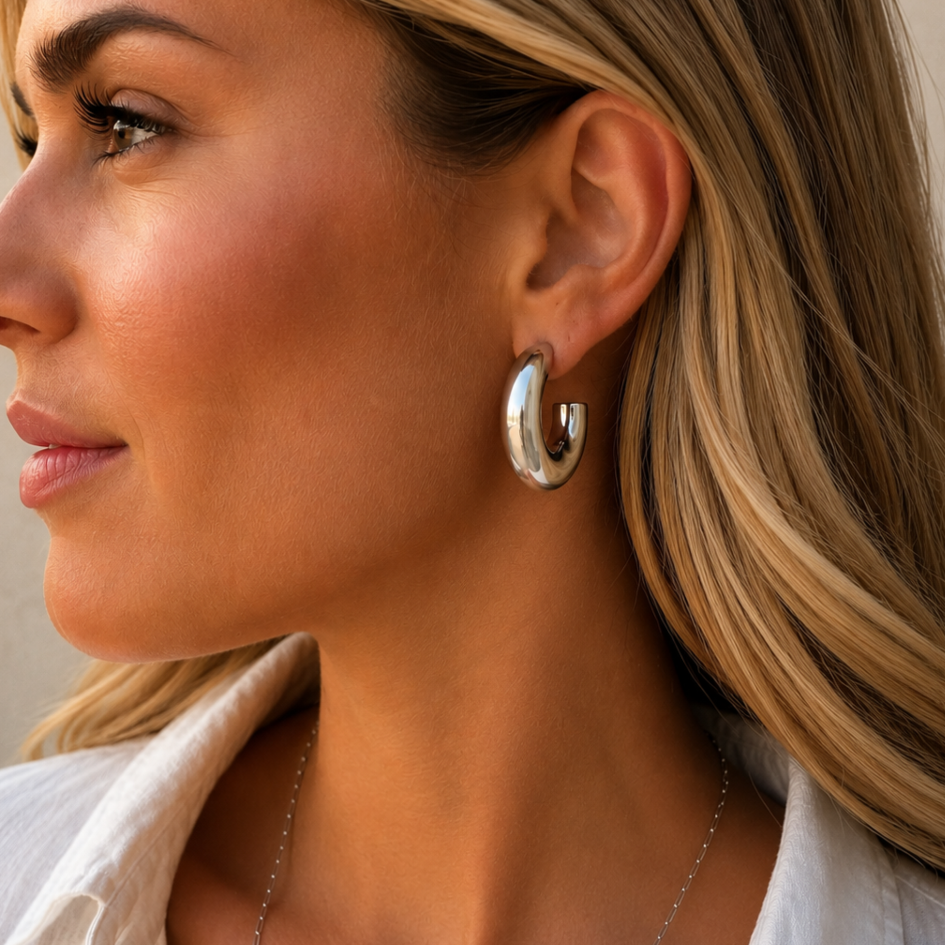 A close-up side profile of a woman wearing a polished silver crescent-shaped hoop earring and a delicate silver chain necklace.
