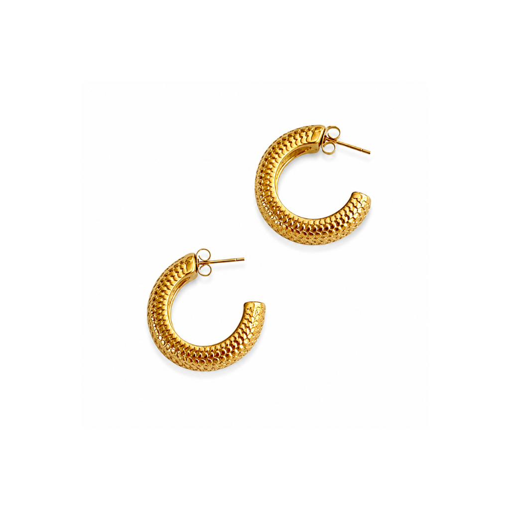 A pair of textured gold hoop earrings with post-back closures, displayed on a clean white background.