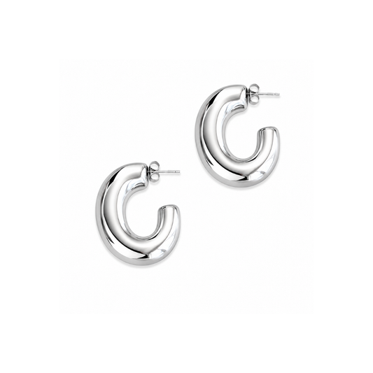 A pair of polished silver hoop earrings with a thick, rounded 'C' shape design and post backings, shown on a clean white background.