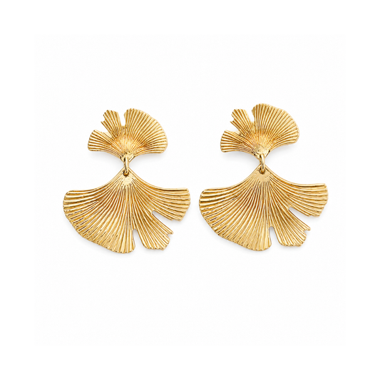 A pair of gold-toned ginkgo leaf drop earrings with a textured, ribbed surface, displayed on a clean white background.