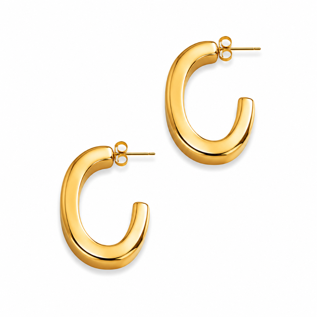 A pair of polished yellow gold crescent-shaped hoop earrings with post-back closures, displayed on a clean white background.