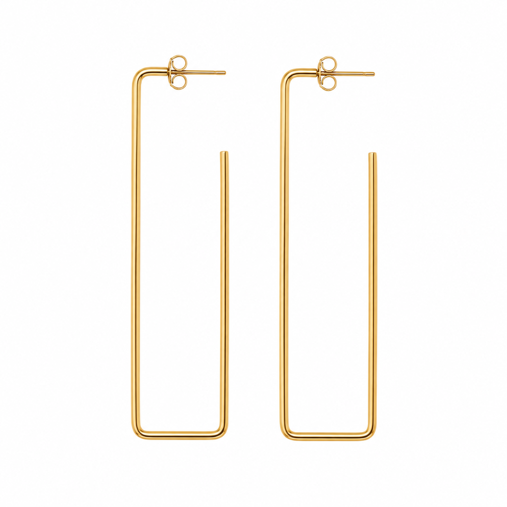 A pair of minimalist gold wire hoop earrings with a flat, open rectangular design and post-back closures, shown on a plain white background.
