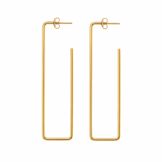 A pair of minimalist gold wire hoop earrings with a flat, open rectangular design and post-back closures, shown on a plain white background.