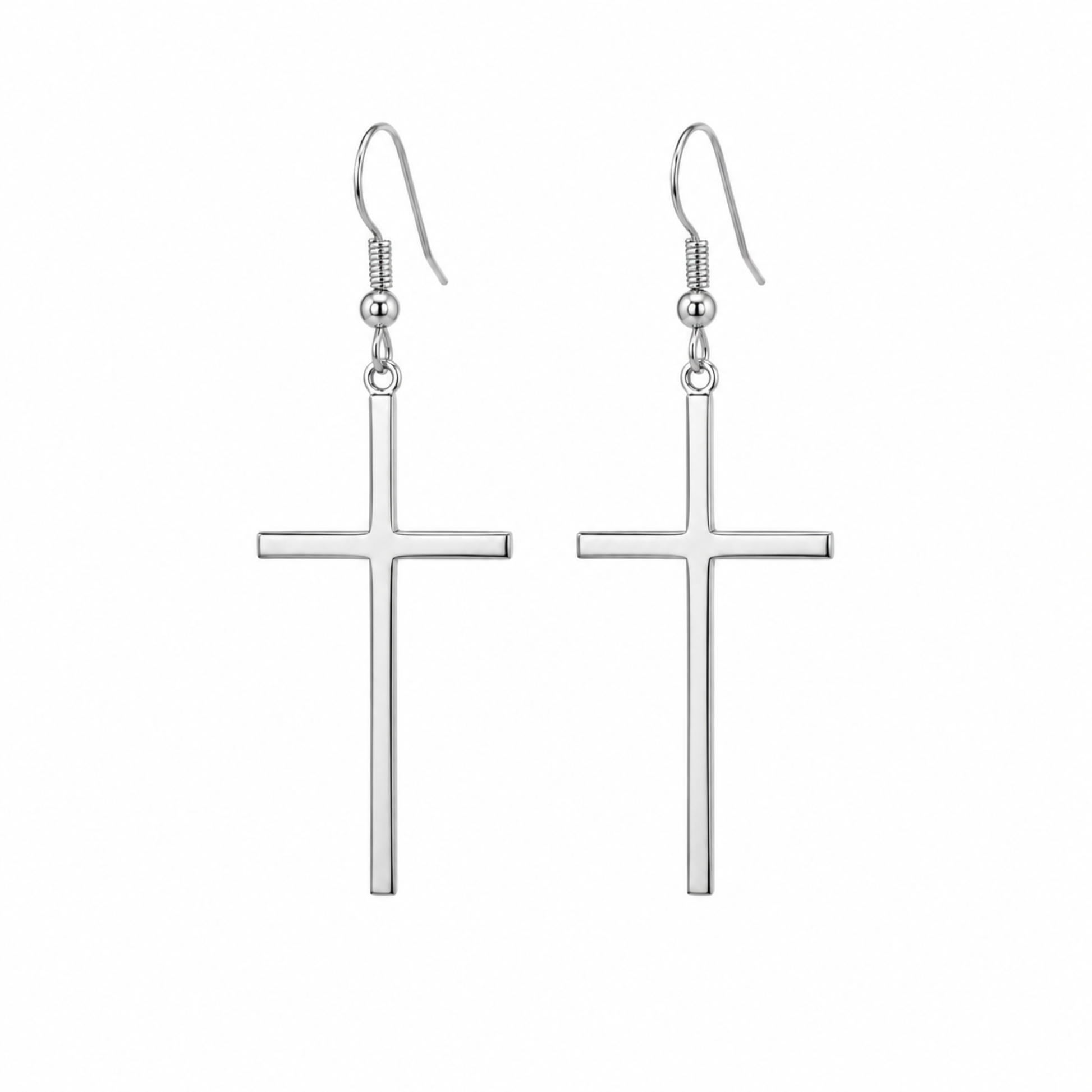 A pair of polished silver cross dangle earrings with fishhook backings, shown against a plain white background.