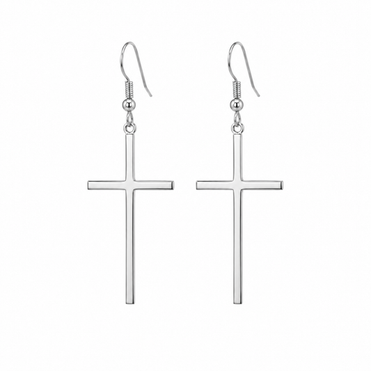 A pair of polished silver cross dangle earrings with fishhook backings, shown against a plain white background.