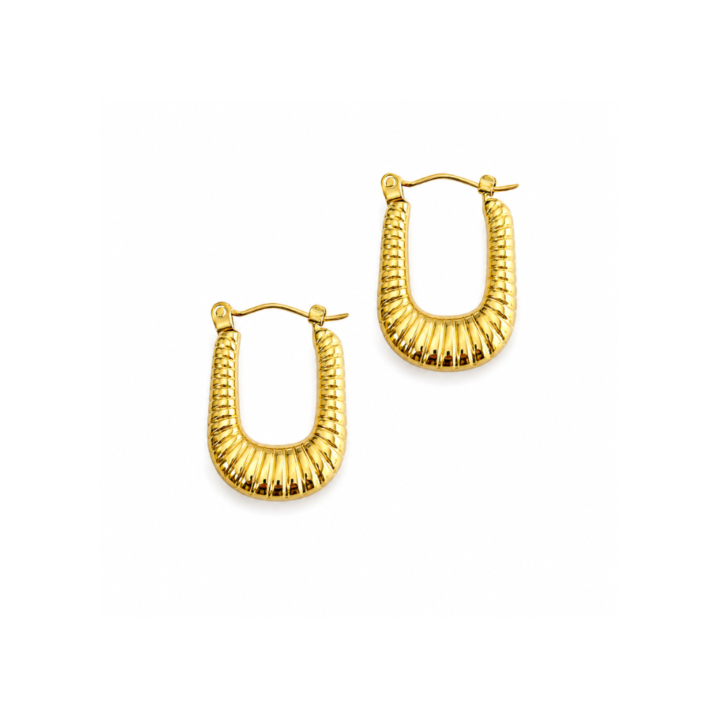 A pair of gold U-shaped hoop earrings with a textured, ribbed exterior and secure fishhook backings, shown on a plain white background.