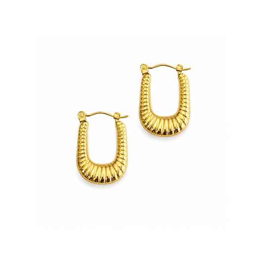 A pair of gold U-shaped hoop earrings with a textured, ribbed exterior and secure fishhook backings, shown on a plain white background.