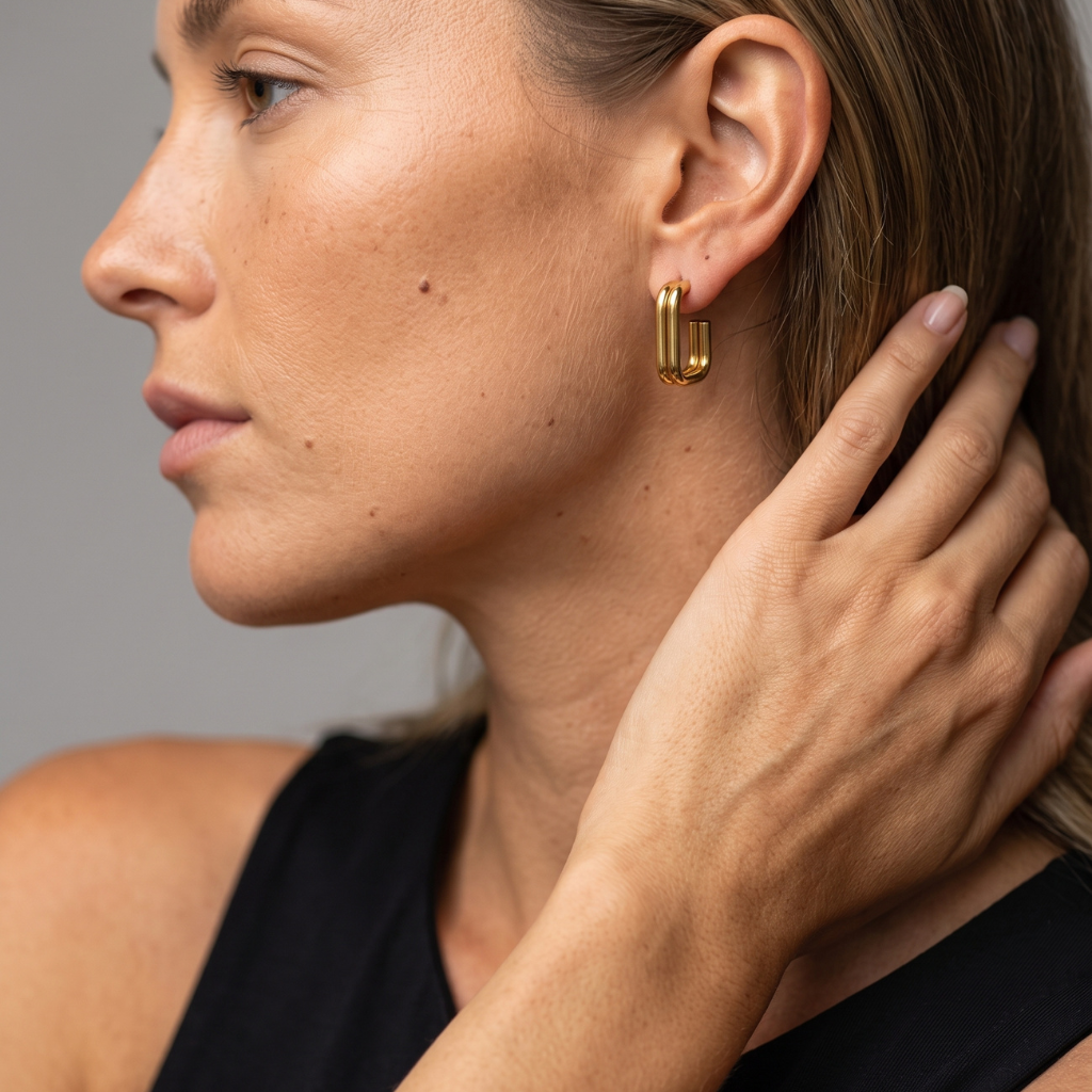 A close-up side profile of a woman wearing a small gold hoop earring with a double-bar design, touching her hair with her hand. She is wearing a black top against a solid gray background.