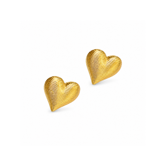 A pair of textured gold heart stud earrings on a clean white background.