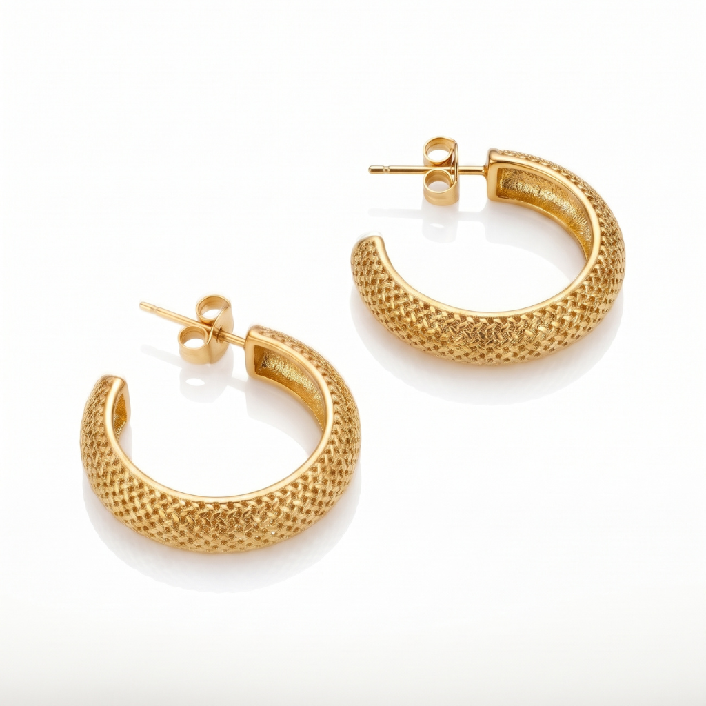 A pair of textured gold hoop earrings with post-back closures, displayed on a clean white background.