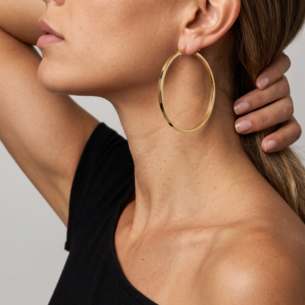 A close-up of a woman wearing a large, polished gold hoop earring, showing the earring on her ear against a neutral light gray background.