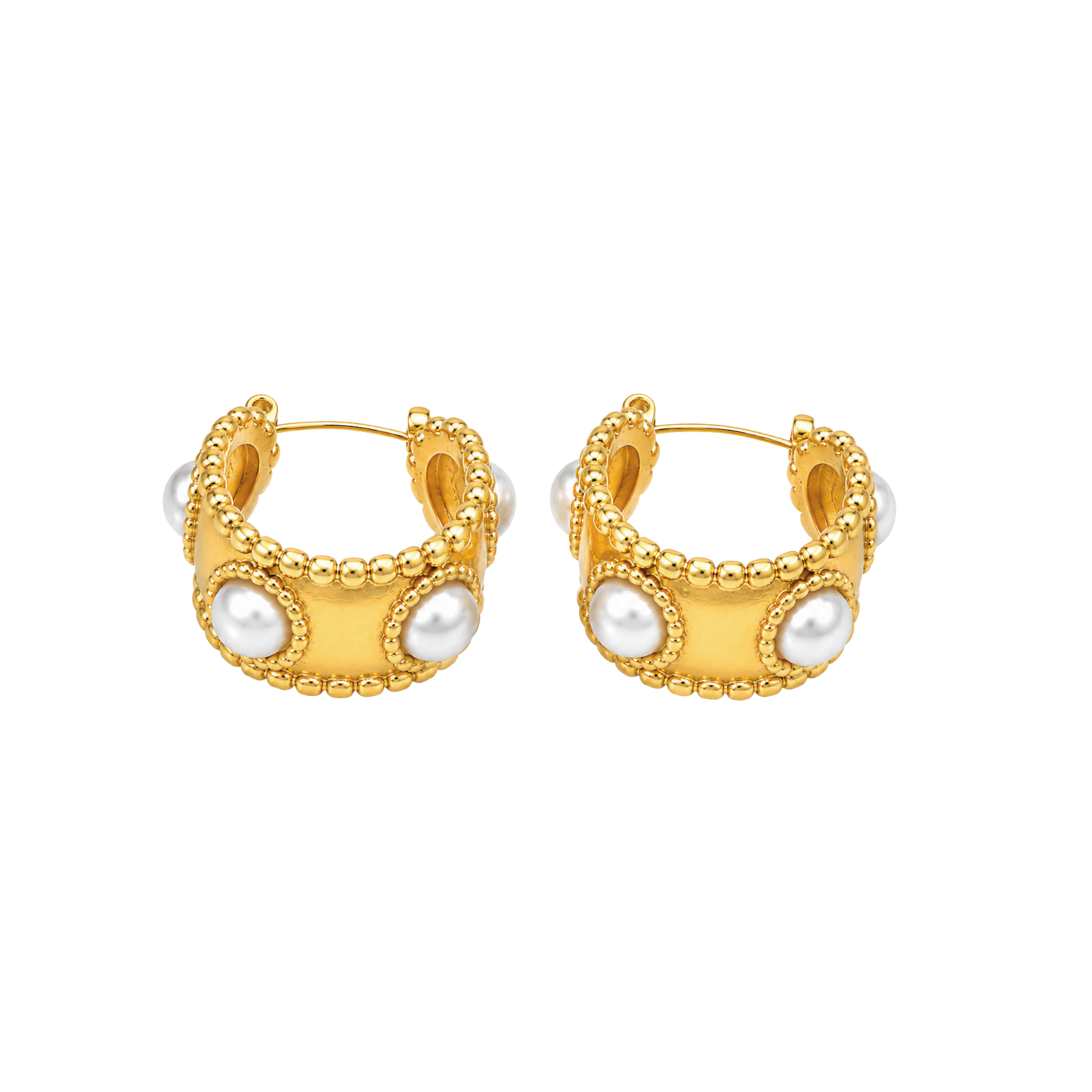 Gold Wide Pearl Inlay Hoop