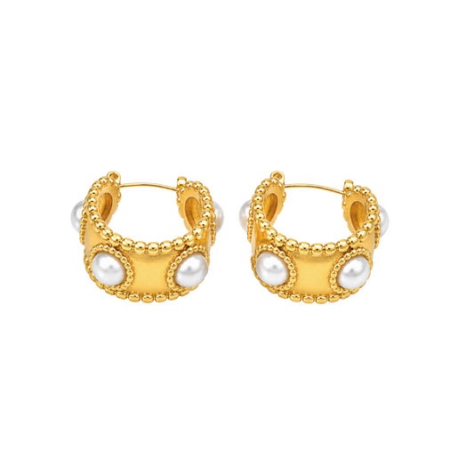 Gold Wide Pearl Inlay Hoop