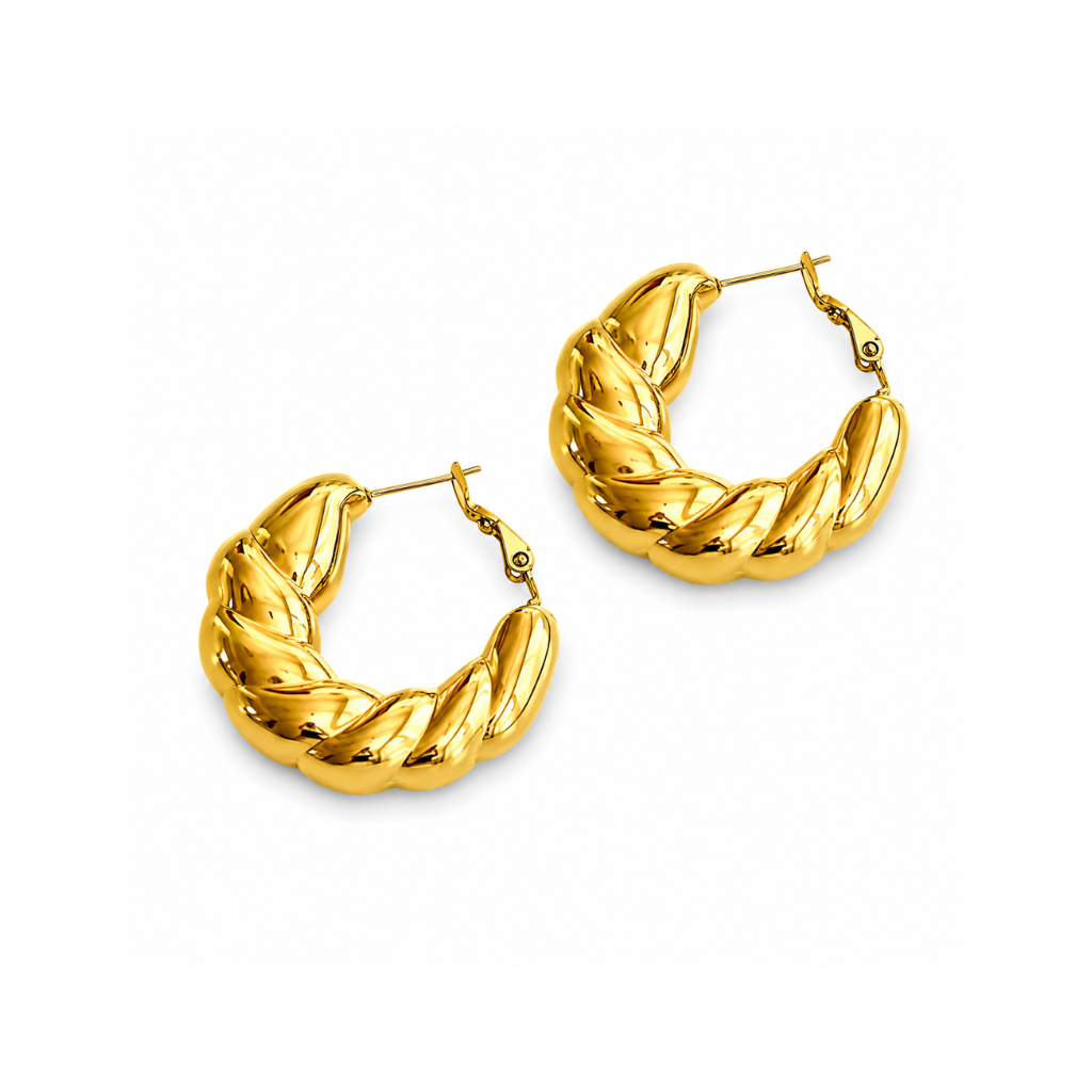 A pair of gold hoop earrings with a twisted, rope-like textured design, displayed on a clean white background.