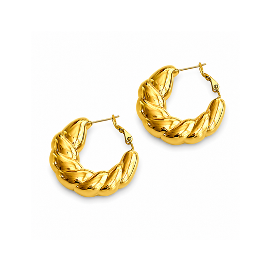 A pair of gold hoop earrings with a twisted, rope-like textured design, displayed on a clean white background.