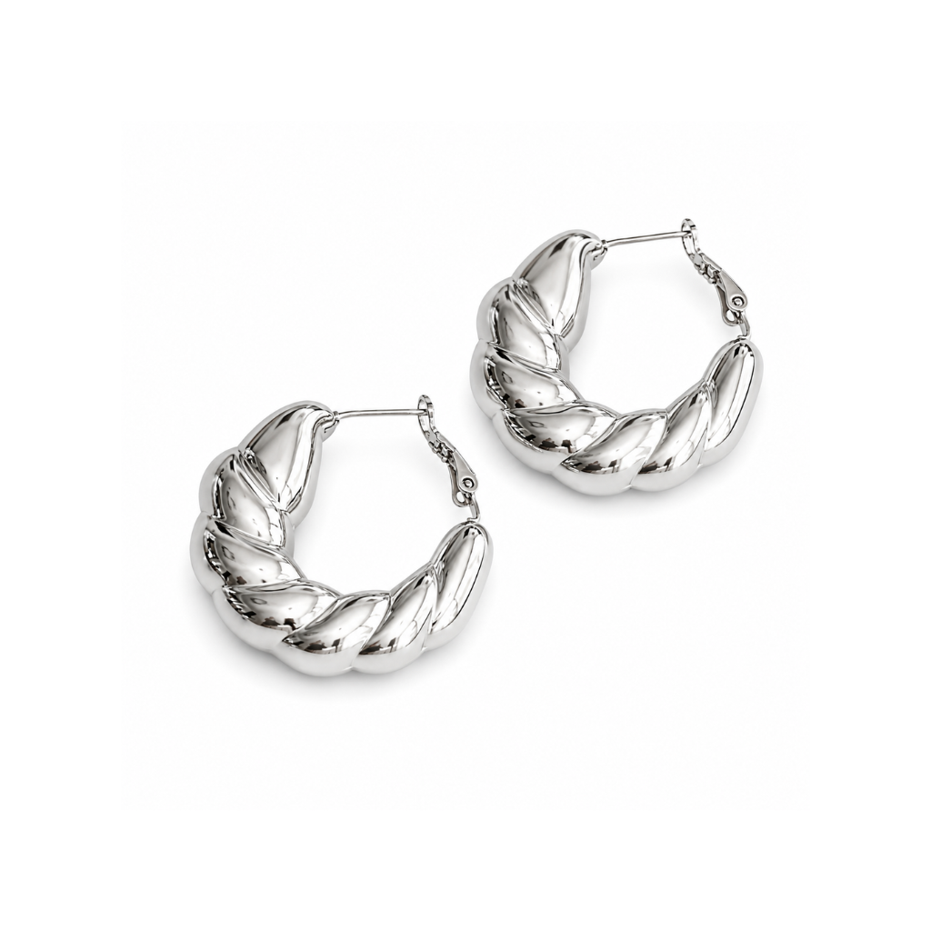 A pair of polished silver-tone twisted hoop earrings with a textured, rope-like surface and post-back closures, shown on a clean white background.