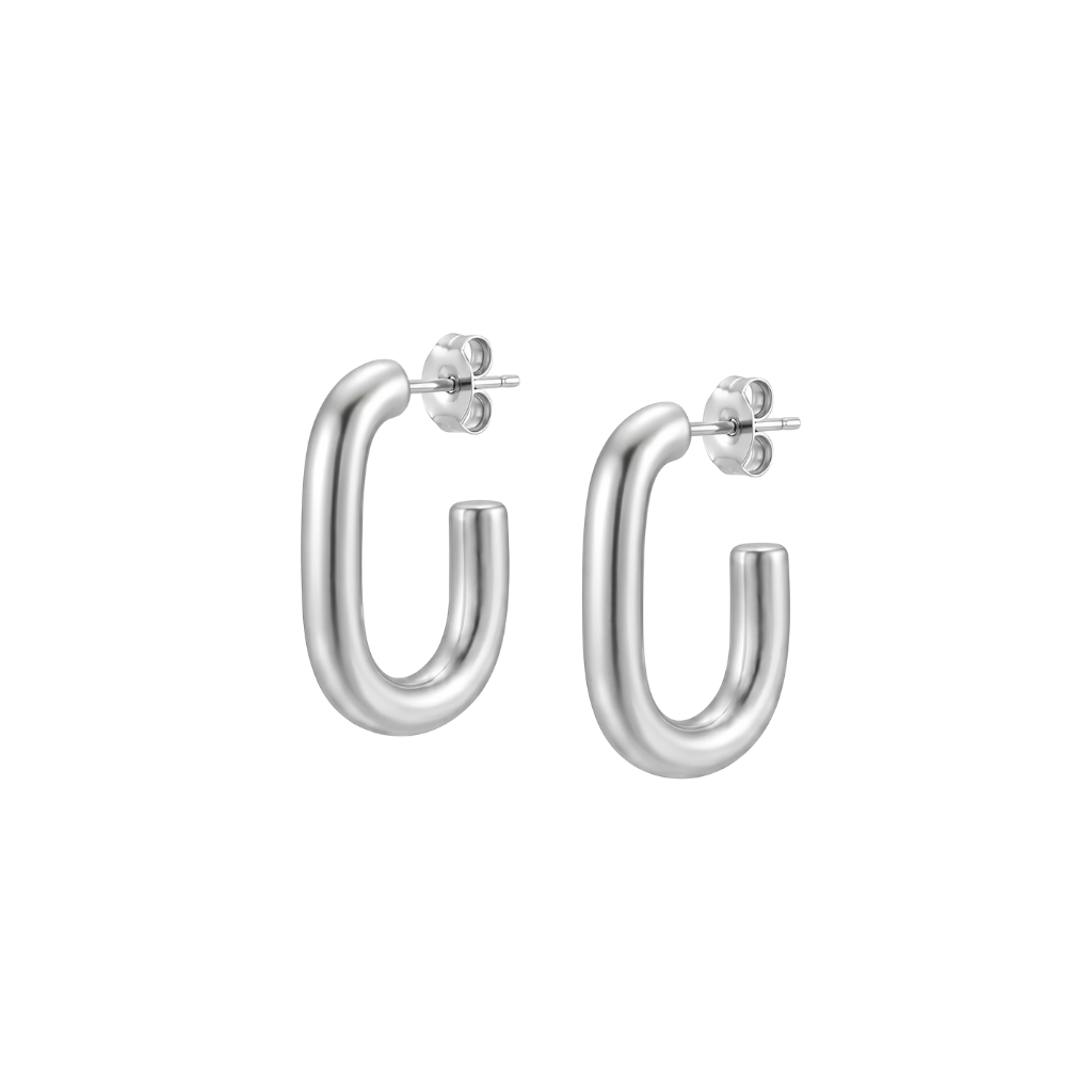 A pair of polished silver U-shaped hoop earrings with flat backings, displayed on a clean white background.