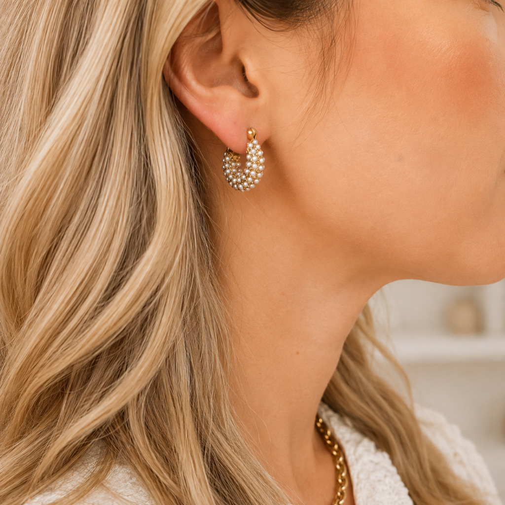 A close-up side profile of a woman with blonde hair wearing a gold crescent-shaped hoop earring adorned with small white pearls.