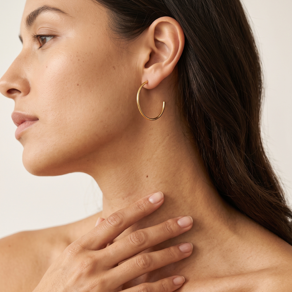 A close-up side profile of a woman wearing a thin gold crescent hoop earring, with her hand resting near her neck against a soft beige background.