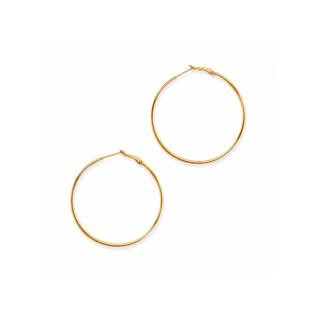 A pair of thin gold hoop earrings with post-back closures, displayed on a clean white background.
