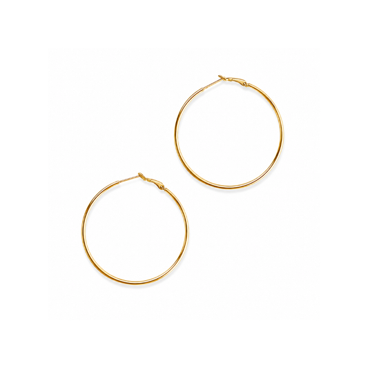 A pair of thin gold hoop earrings with post-back closures, displayed on a clean white background.