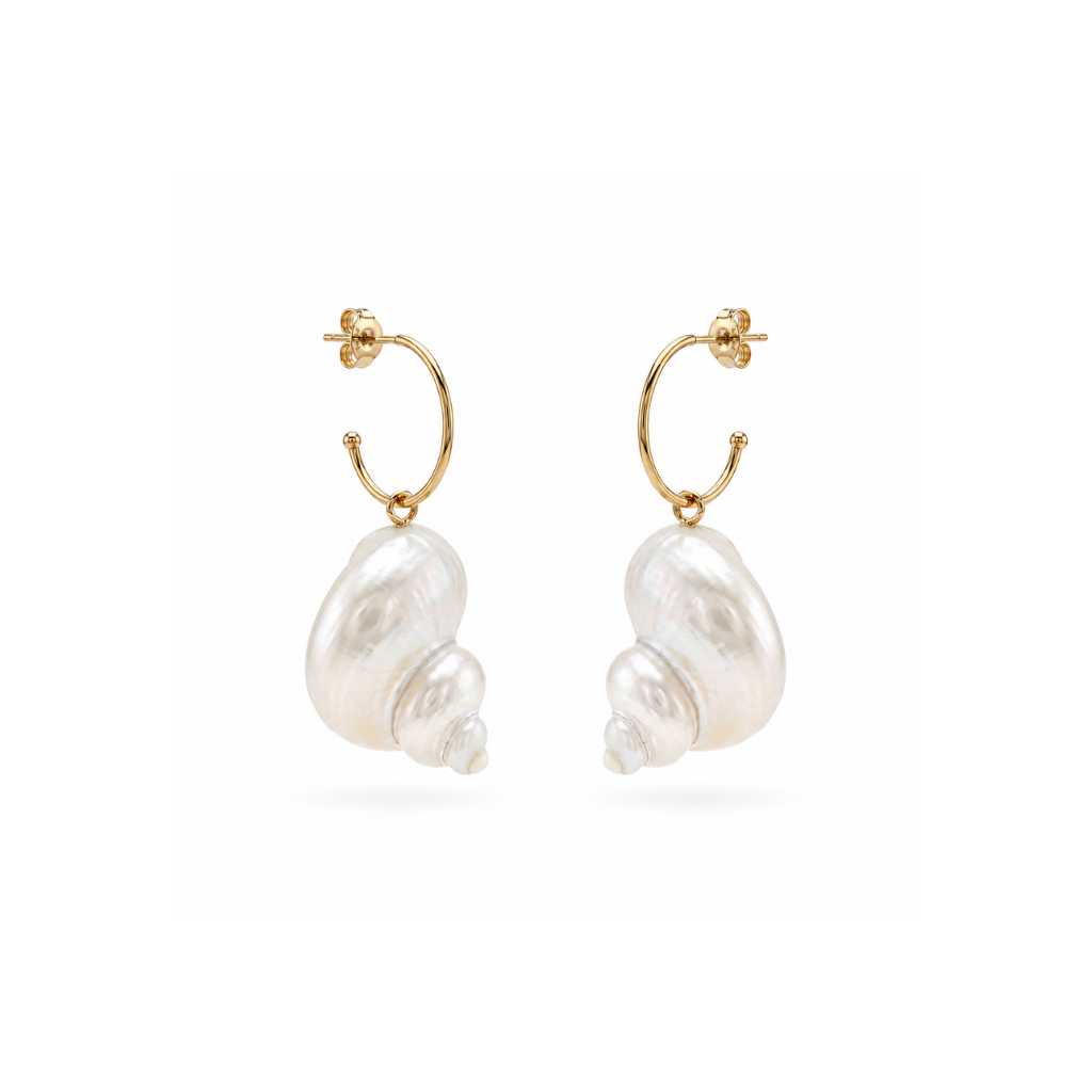 A pair of gold hoop earrings with dangling baroque pearl drops, shown on a clean white background.
