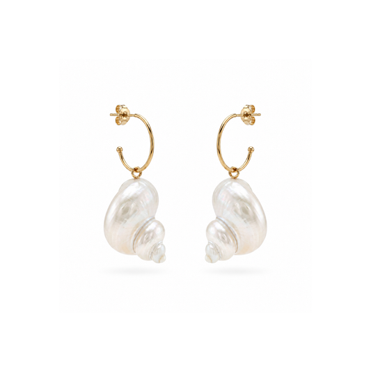 A pair of gold hoop earrings with dangling baroque pearl drops, shown on a clean white background.