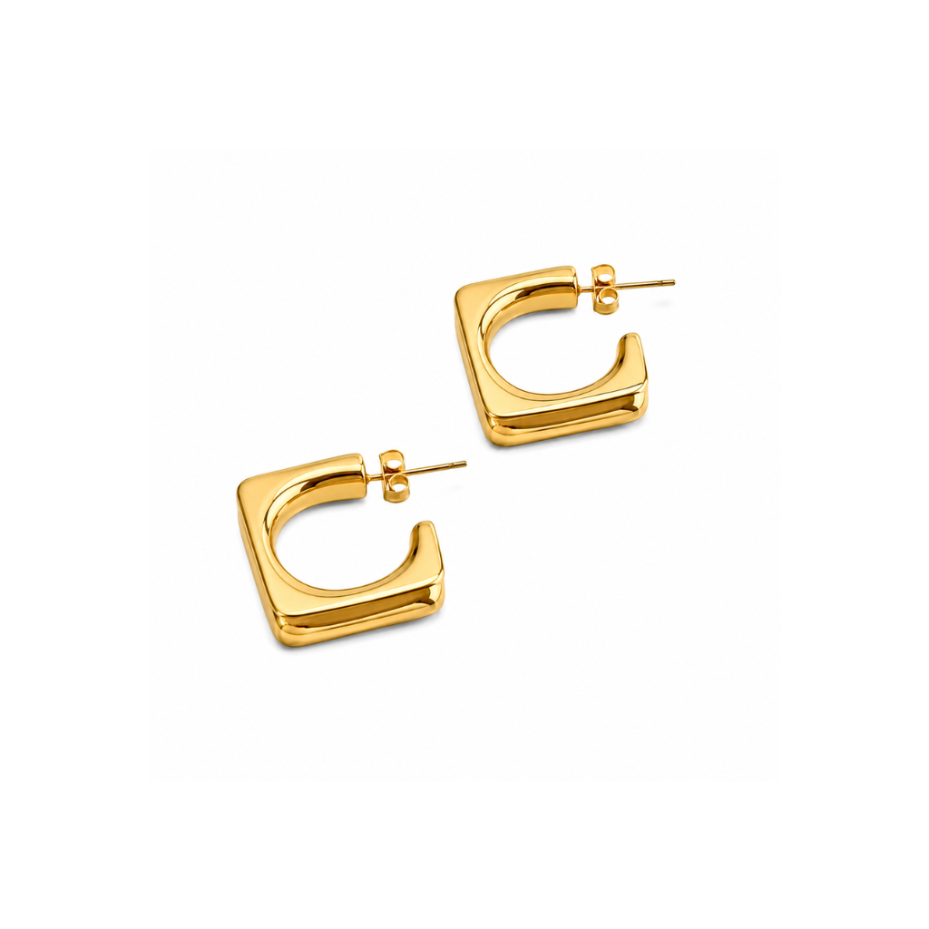 A pair of gold-toned geometric hoop earrings with a thick, rounded square profile and post-back closures, displayed on a clean white background.