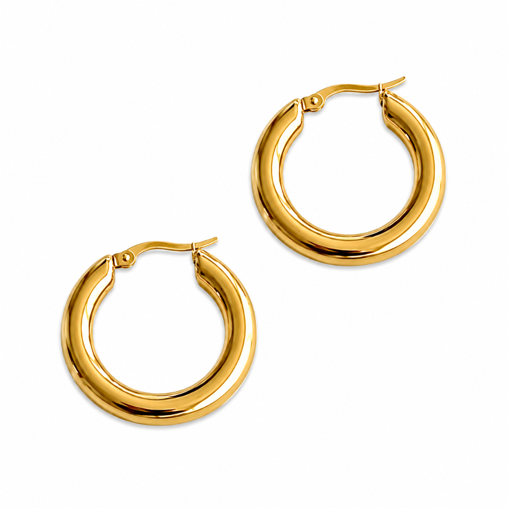 A pair of polished yellow gold hoop earrings with a thick, rounded double-band design and secure fishhook closures, shown on a plain white background.