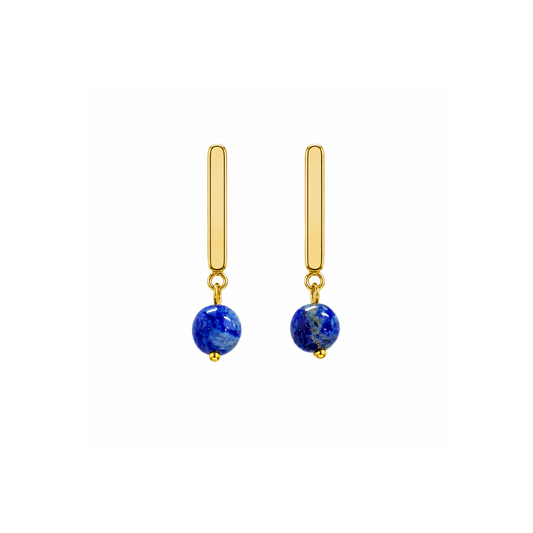 A pair of gold bar drop earrings with a round blue lapis lazuli stone dangle, shown against a plain white background.