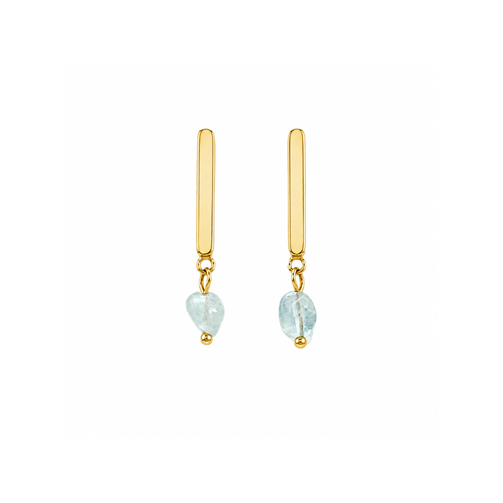 A pair of gold bar drop earrings with a small light blue stone dangle, shown on a plain white background.