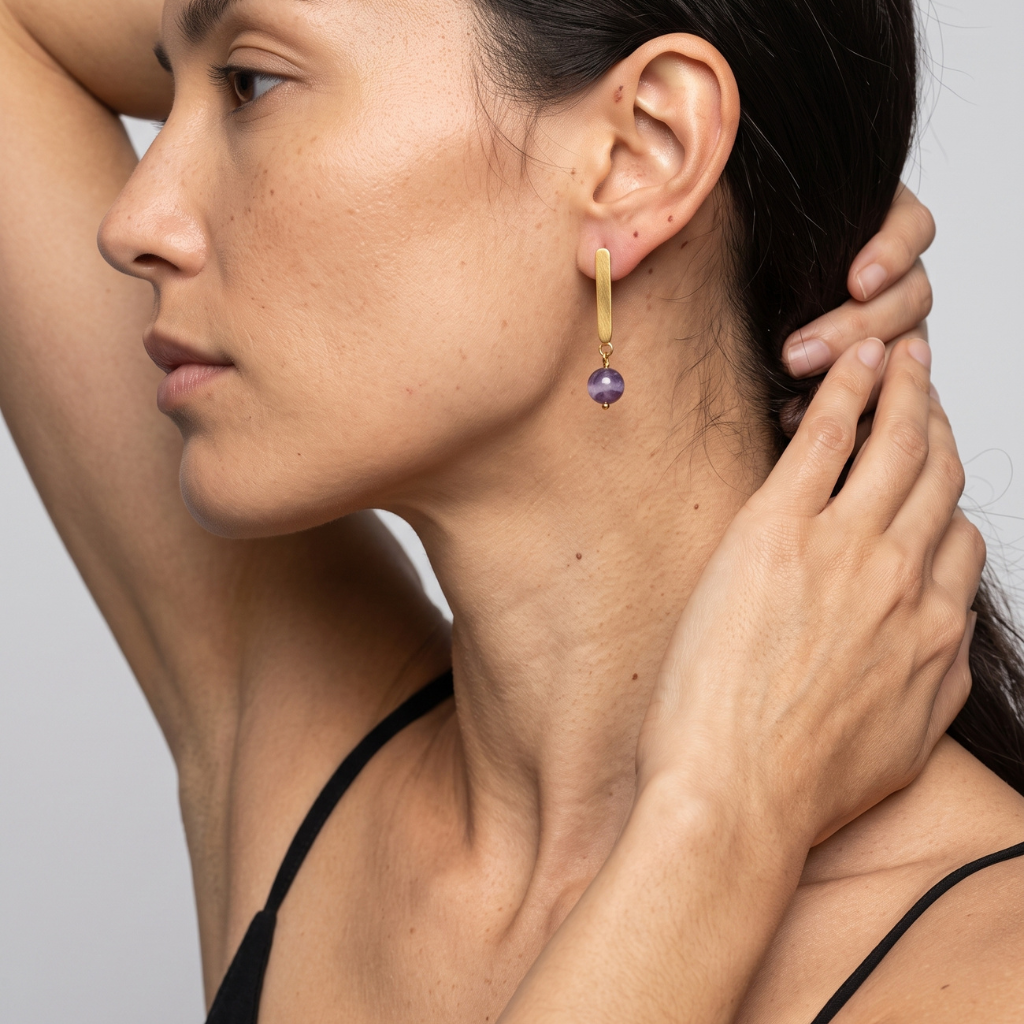 Gold Drop Earring with Natural Purple Stone