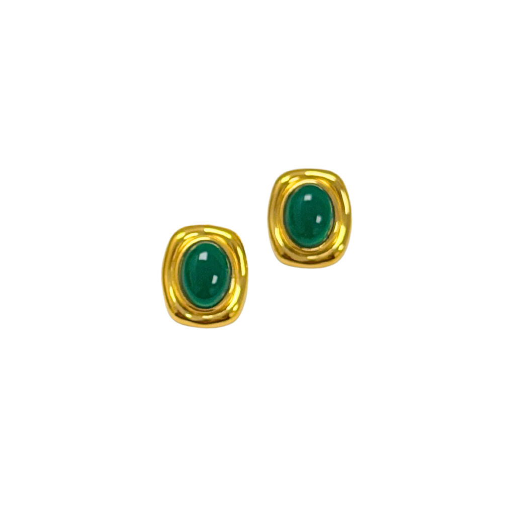 Gold Button Style Stud with Green Stone