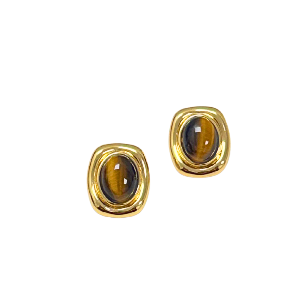 Gold Button Style Stud with Tiger's Eye Quartz