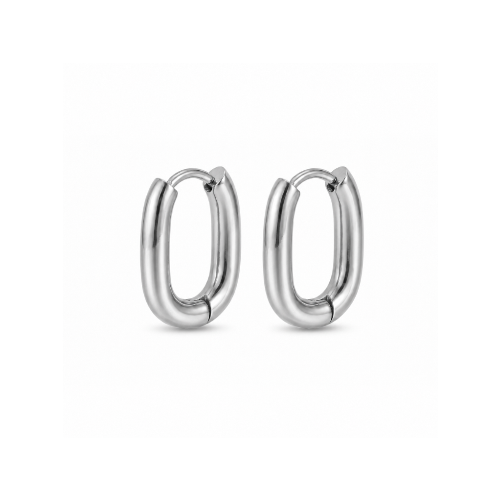 A pair of polished silver hoop earrings with a thick, rounded modern oval shape, shown on a clean white background.