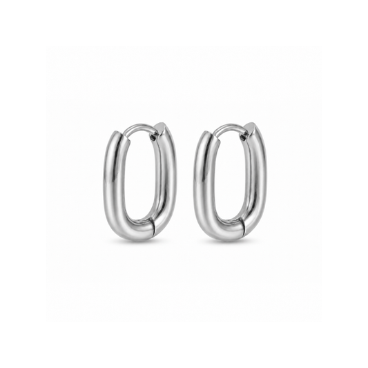 A pair of polished silver hoop earrings with a thick, rounded modern oval shape, shown on a clean white background.