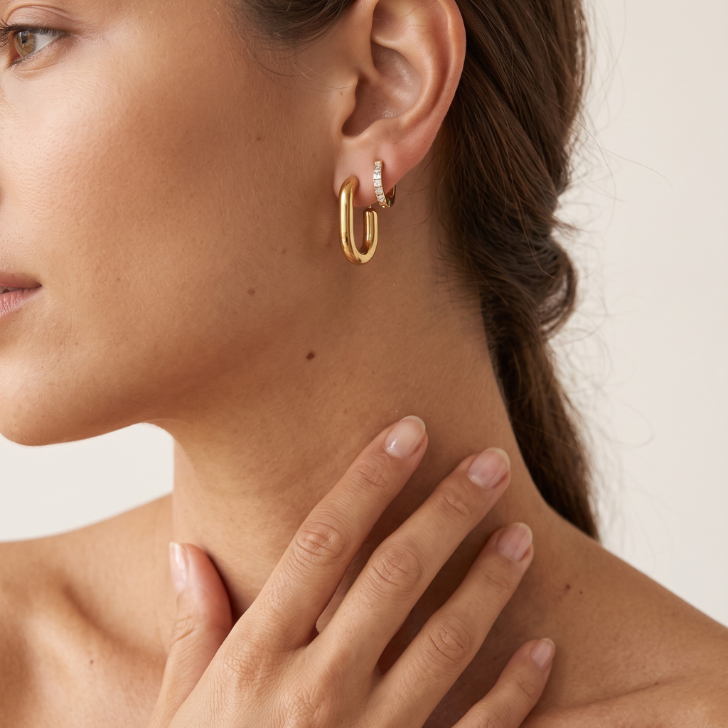 A close-up of a model wearing a pair of gold huggie hoop earrings, with one earring featuring a small row of clear stones. The model is shown in profile against a clean, light beige background.