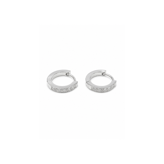 silver cubic zirconia hoop huggies on white background