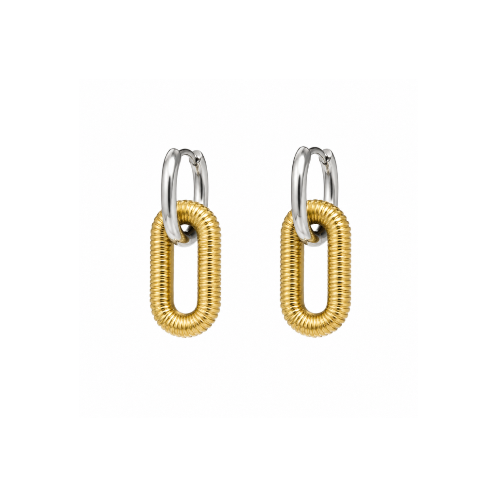 A pair of gold and silver hoop earrings with textured, ribbed oval drop elements, shown on a plain white background.