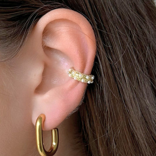 Small Gold Beaded Pearl Ear Cuff