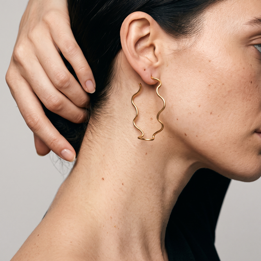 A close-up of a model's ear and neck wearing a single wavy, open hoop earring in polished gold against a neutral light gray background.